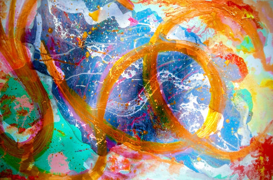 Abstract painting with swirling colors of orange, blue, and red.