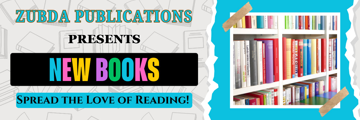 Promotional banner for Zubda Publications with a bookshelf and colorful books on a blue background.