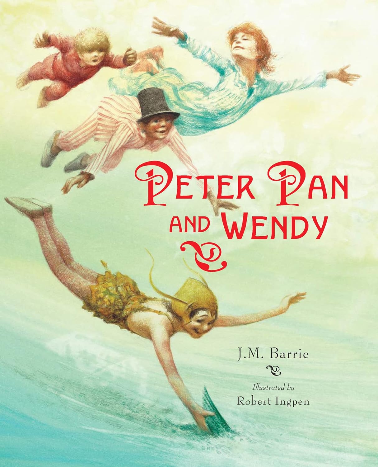 Book cover of 'Peter Pan and Wendy' with characters flying against a light blue sky.
