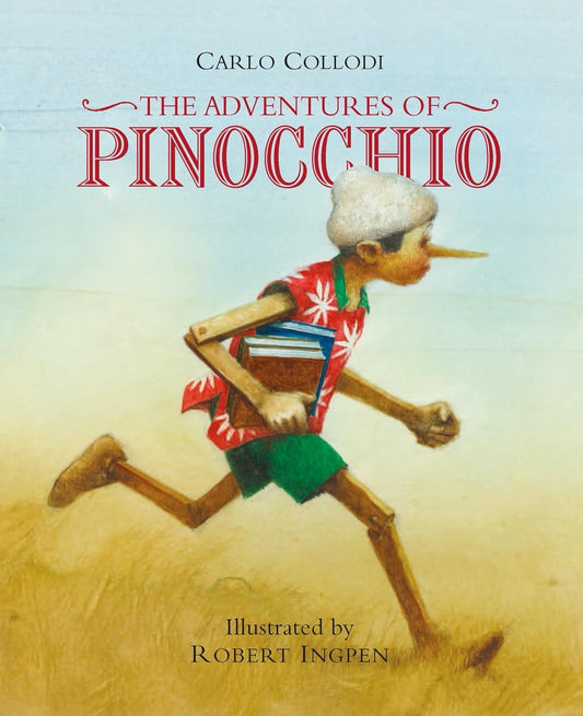 Book cover of 'The Adventures of Pinocchio' with an illustration of Pinocchio running.