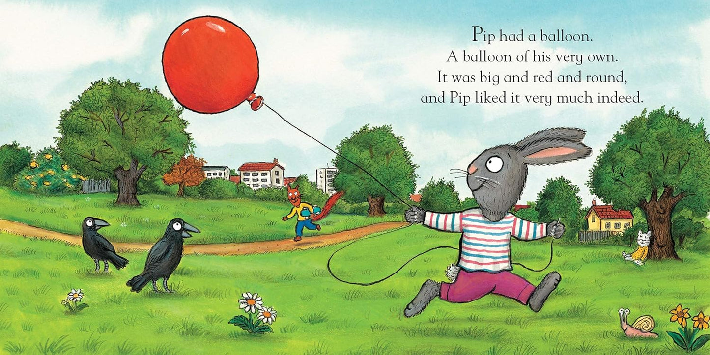 Illustration of a rabbit with a red balloon in a park with trees and buildings in the background.