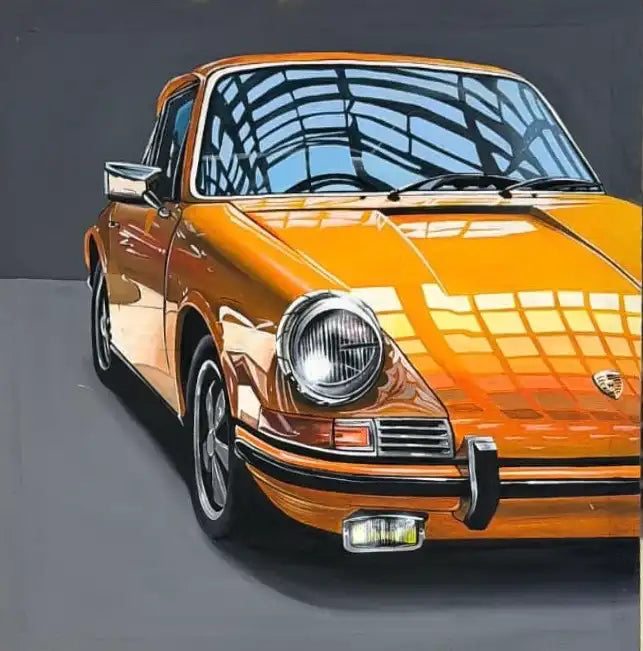 A stylized painting of a classic orange Porsche 911 coupe, shown from a front three-quarter angle against a dark gray background.