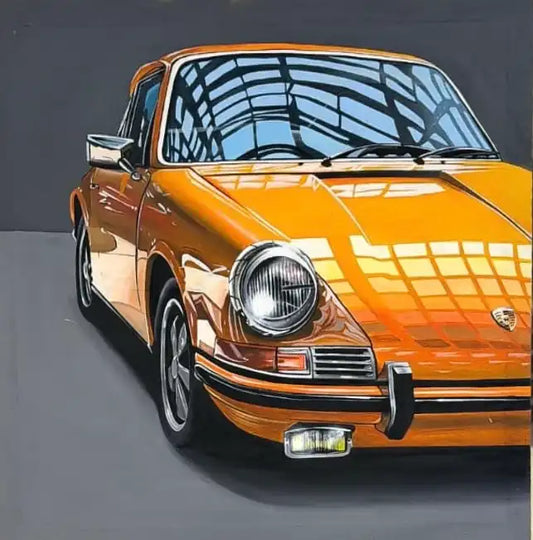 A stylized painting of a classic orange Porsche 911 coupe, shown from a front three-quarter angle against a dark gray background.