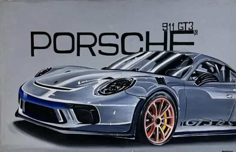 A stylized Porsche 911 GT3 R car painting on a light gray background, with the word PORSCHE in large black letters above the vehicle.