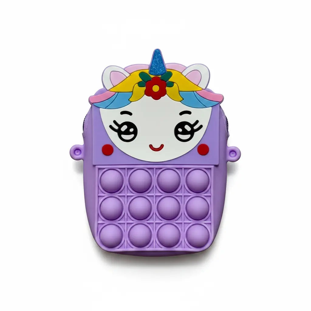 Purple pop-it fidget toy with unicorn design on a white background
