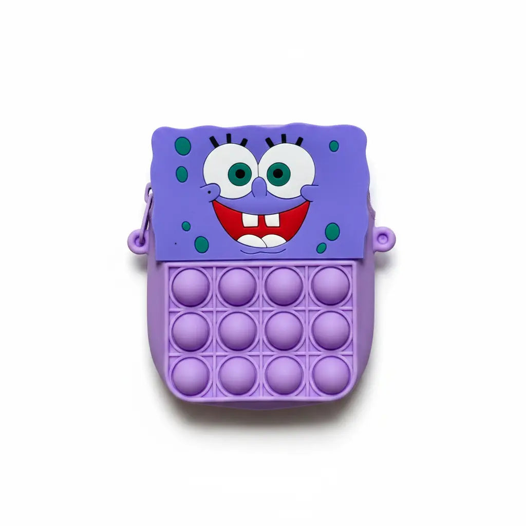 Purple pop-it fidget toy with a cartoon character face on a white background