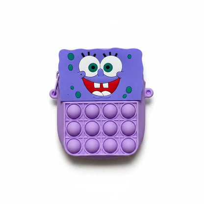 Purple pop-it fidget toy with a cartoon character face on a white background