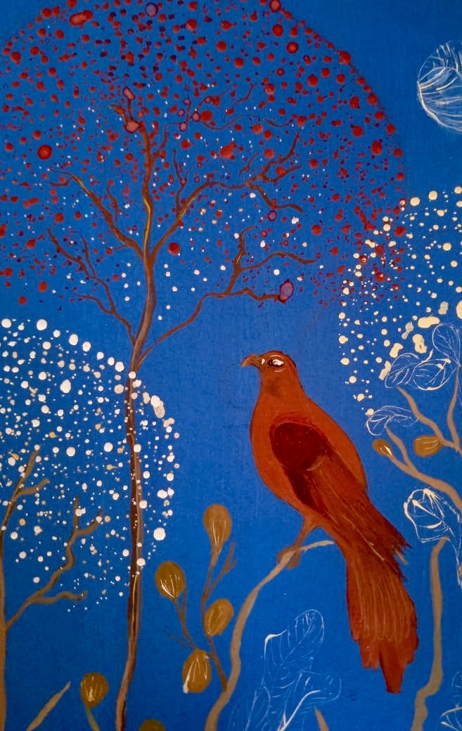 Red bird on blue