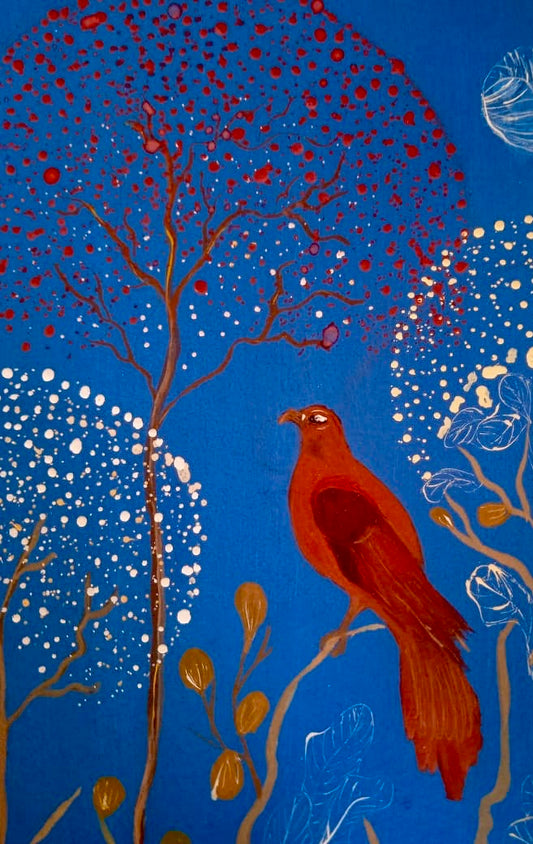 Red bird on blue