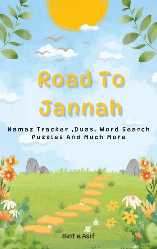 A colorful illustrated book cover titled 'Road To Jannah' with subtitle text about a Namaz tracker, duas, word search, puzzles, and more. The cover shows a bright blue sky, sun, clouds, green hills, flowers, and a winding path.