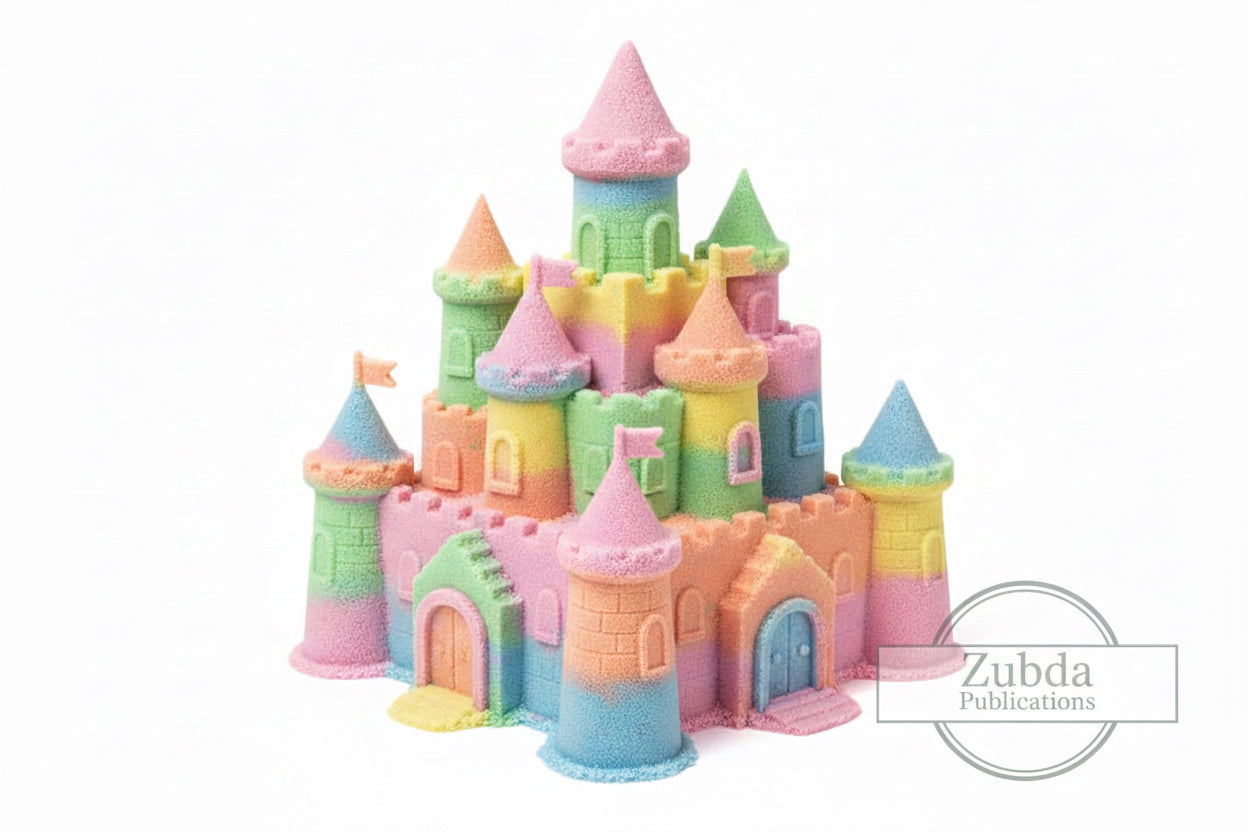 Colorful toy castle with pastel hues on a white background, featuring the brand 'Zubda Publications’