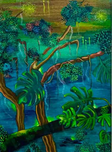 A colorful painting of a lush tropical jungle or swamp scene with dense green foliage, hanging vines, blue water, and brown tree trunks.