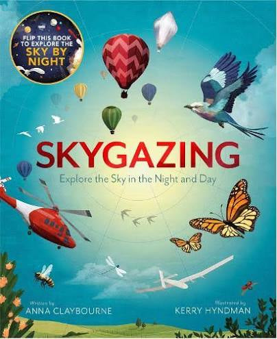 Book cover of 'Skygazing' with illustrations of hot air balloons, birds, and butterflies against a blue sky.