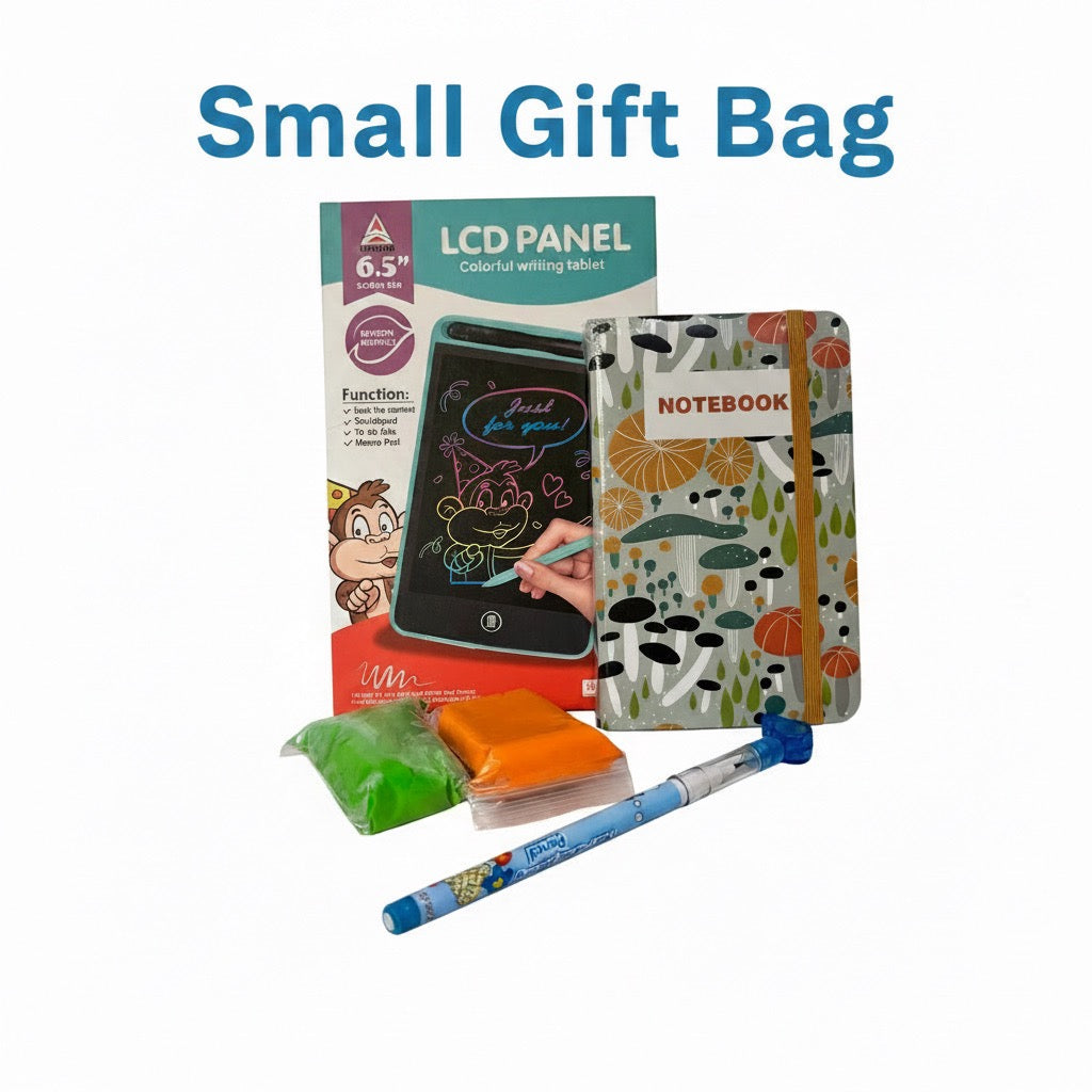 Small gift bag with LCD panel, notebook, pen, and other items on a white background