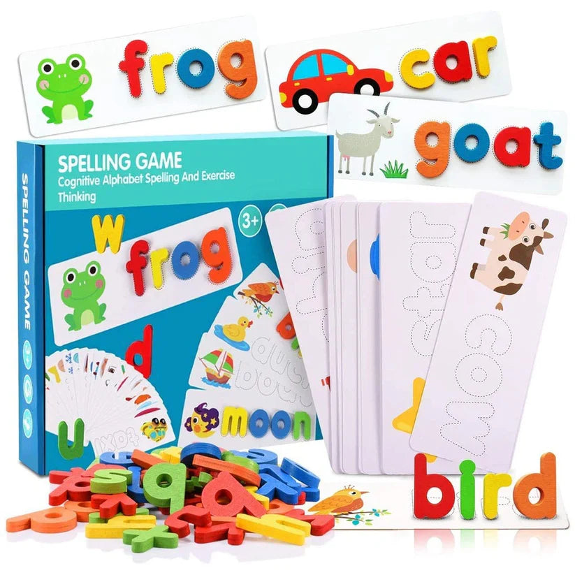Spelling game with colorful letters and animal-themed cards on a white background