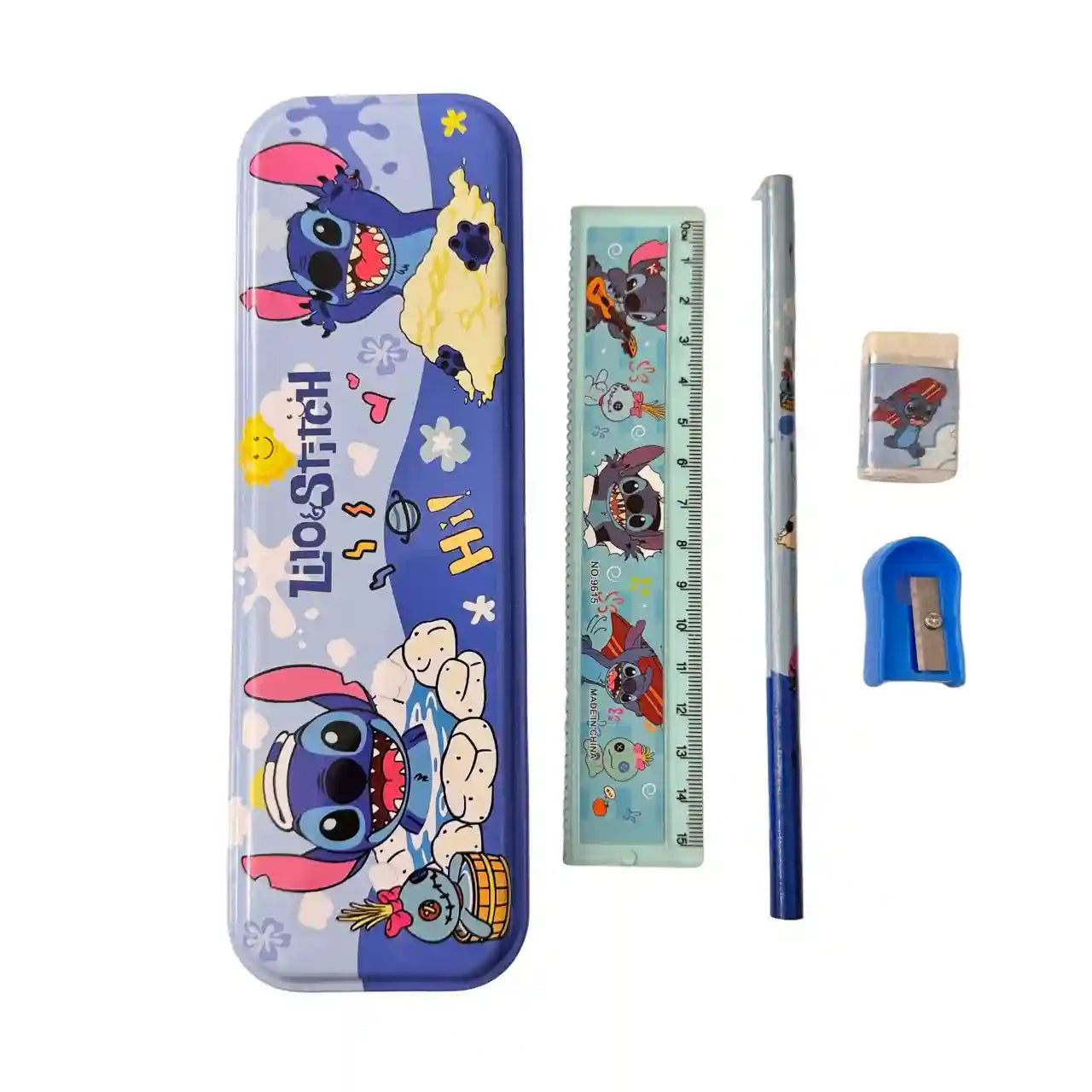 Cartoon-themed pencil case with a pencil, ruler, and sharpener on a white background