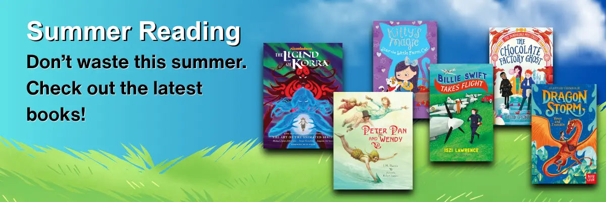 Promotional banner for summer reading with children's books displayed against a blue and green gradient background.