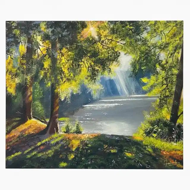 A landscape painting of a sunlit forest river or lake, with tall trees, dappled green and yellow foliage, bright sunlight breaking through the canopy, and a waterfall or misty light falling into the water. The artwork is shown centered on a white background.