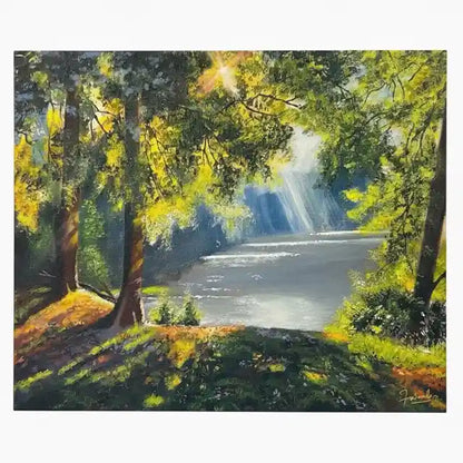A landscape painting of a sunlit forest river or lake, with tall trees, dappled green and yellow foliage, bright sunlight breaking through the canopy, and a waterfall or misty light falling into the water. The artwork is shown centered on a white background.