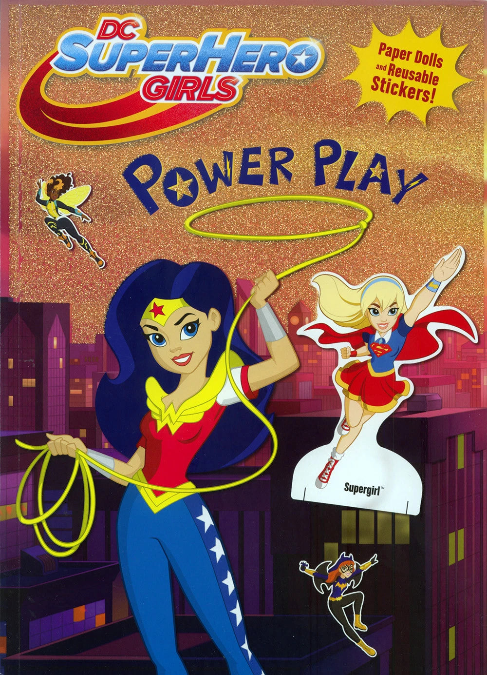 Book cover of 'Power Play' featuring DC SuperHero Girls with superhero characters and cityscape background.
