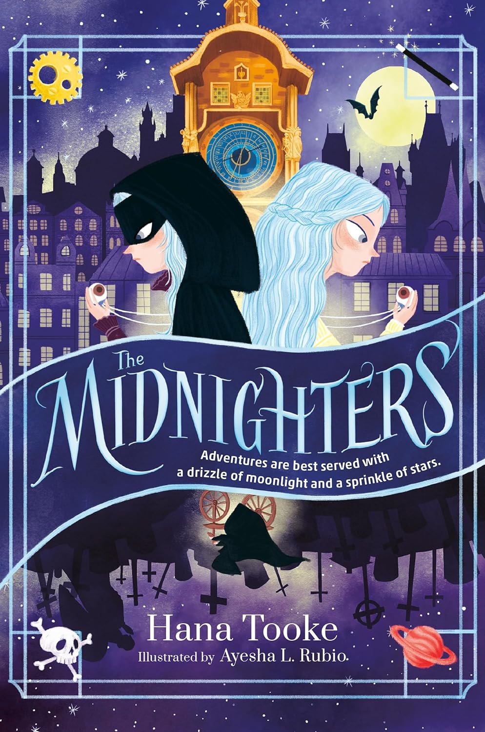 Book cover of 'The Midnighters' with two characters looking over a cityscape at night.