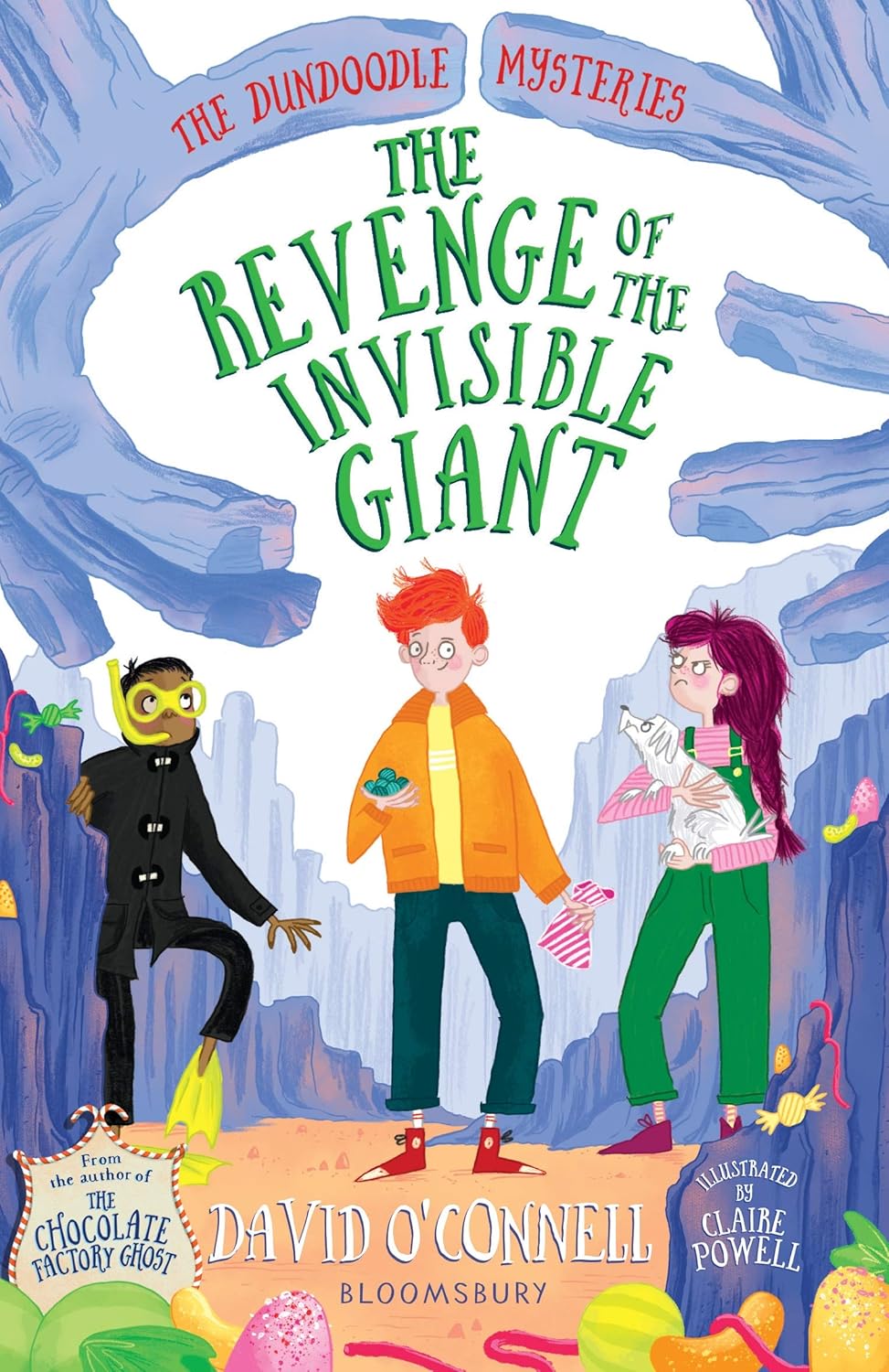 Book cover of 'The Revenge of the Invisible Giant' from 'The Dundoodle Mysteries' series by David O'Connell, illustrated by Claire Powell.