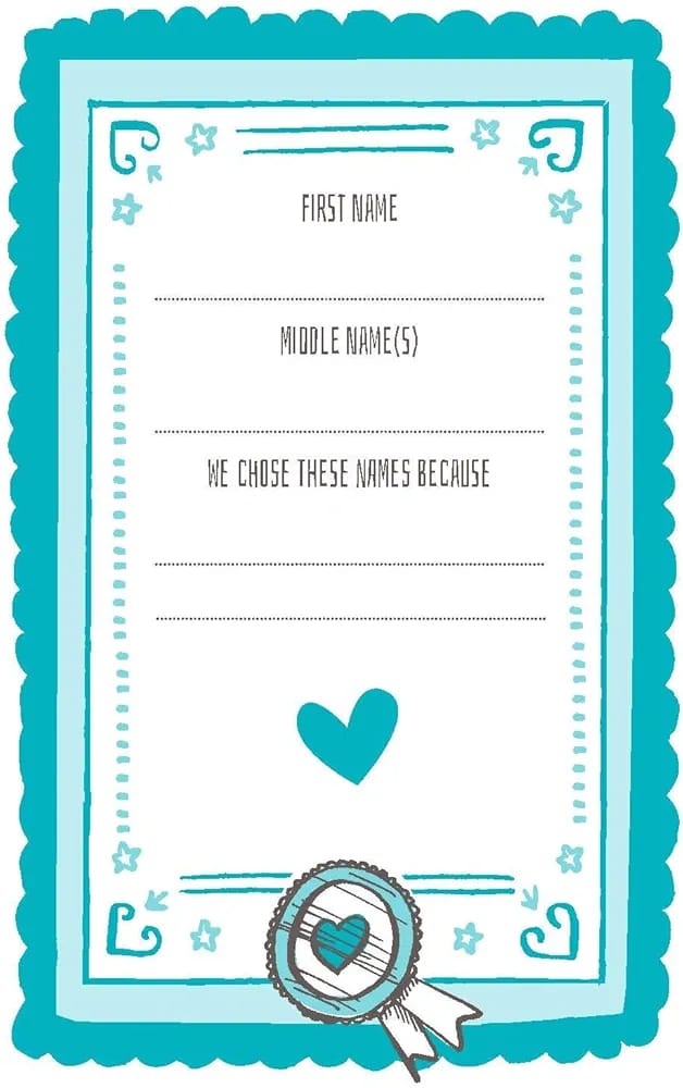 Teal name card template with decorative elements and a heart symbol.
