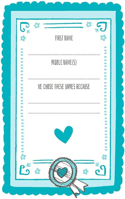 Teal name card template with decorative elements and a heart symbol.
