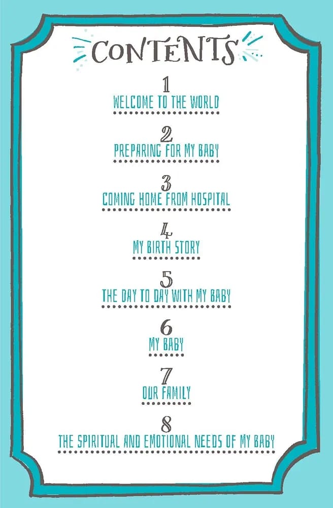 Table of contents for a book or document on baby topics with a blue border.