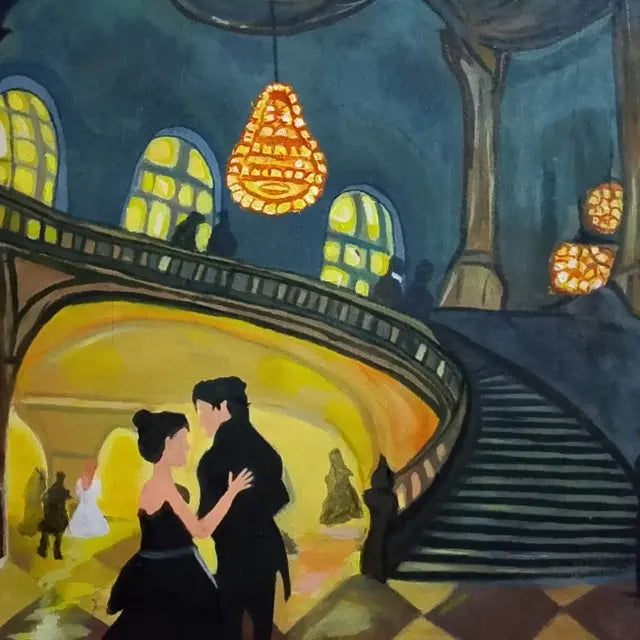 A stylized painting of an indoor ballroom scene with a couple dancing under glowing chandeliers, a staircase on the right, arched windows with yellow light, and several silhouetted figures in the background.