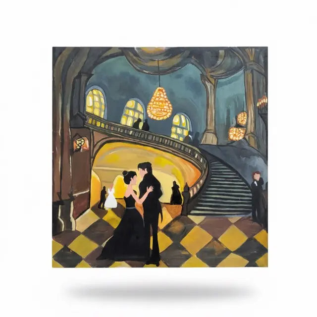 A square art print depicting an elegant ballroom scene with a couple dancing under chandeliers, set against a clean white background with a soft drop shadow.