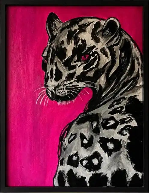 A framed portrait painting of a leopard in profile, rendered in black and white brushstrokes against a vivid hot pink background, with a black frame visible around the artwork.