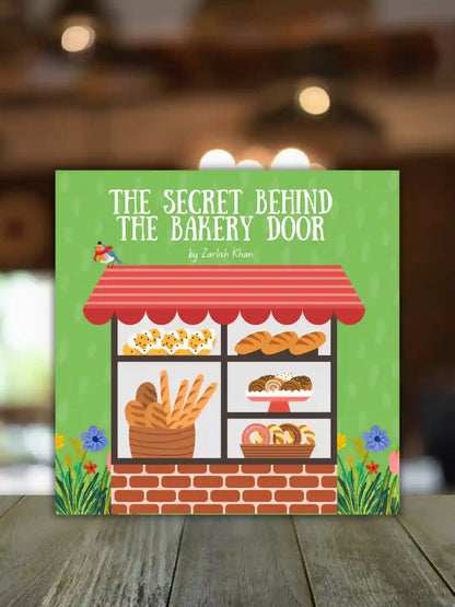 A children's book titled 'The Secret Behind the Bakery Door' by Zarlish Khan, featuring a colorful illustration of a bakery storefront with breads and pastries, displayed on a wooden surface with a blurred cafe background.