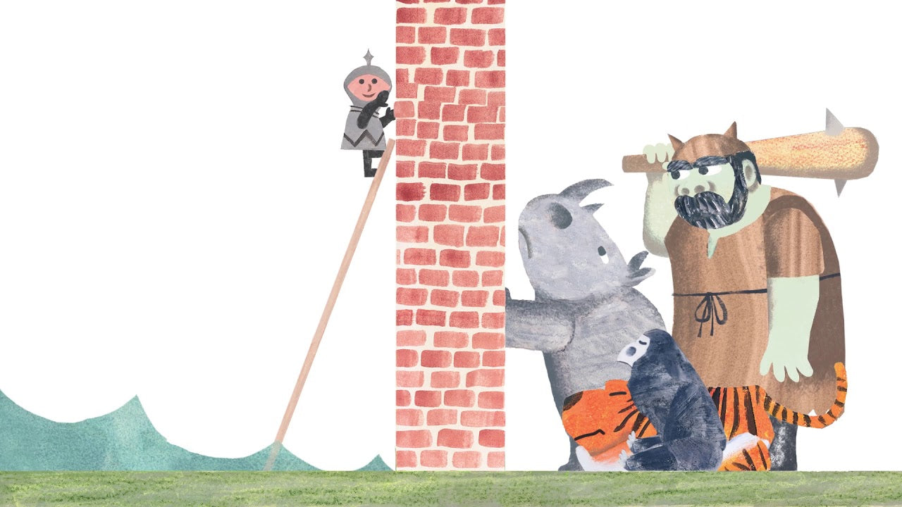 Illustration of a brick wall with a troll, a mouse, and a cat-like creature with a club.