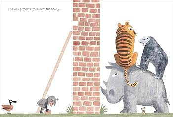Illustration of animals by a brick wall with a broom.