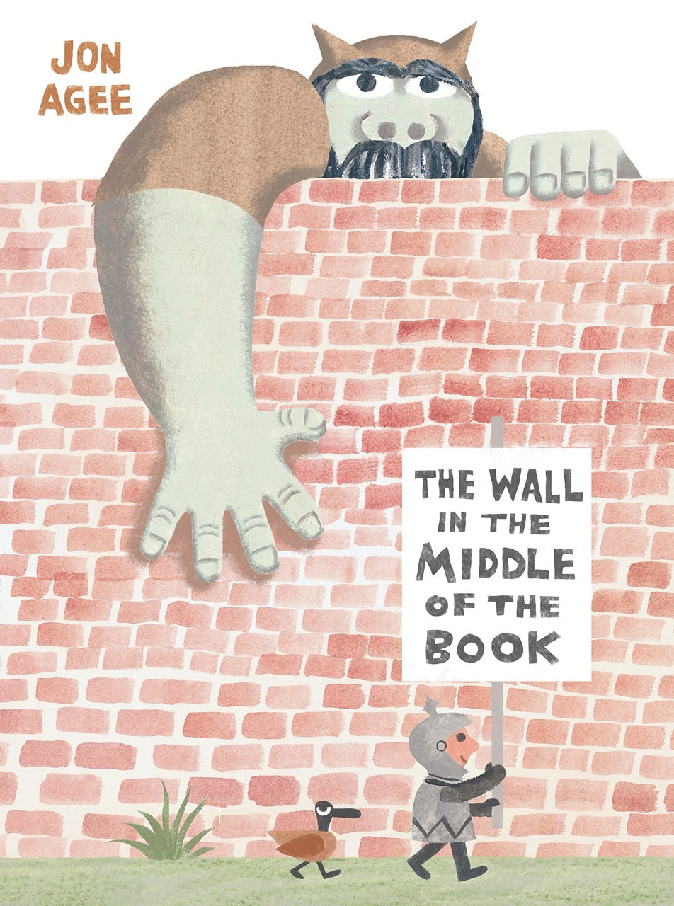 Illustrated book cover with a giant peeking over a wall, a duck, and a child holding a sign.