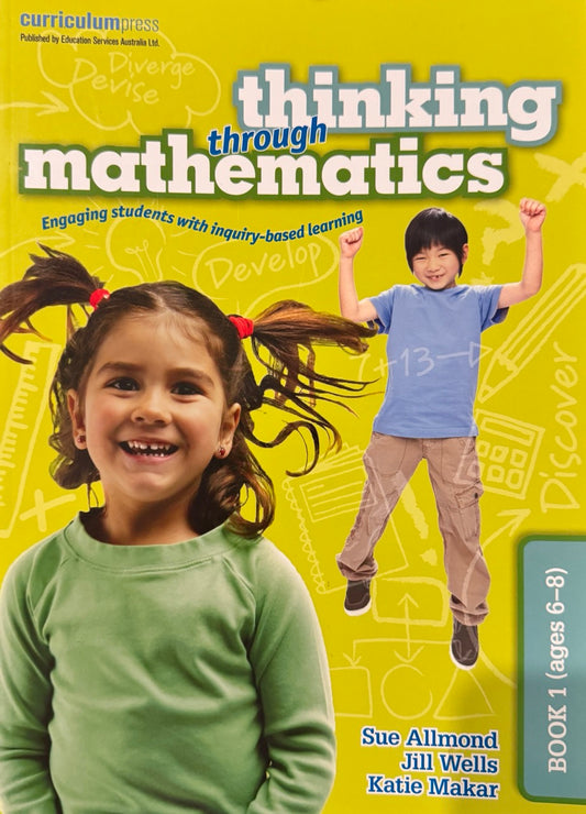 Book cover of 'Thinking through Mathematics' with two children on a yellow background