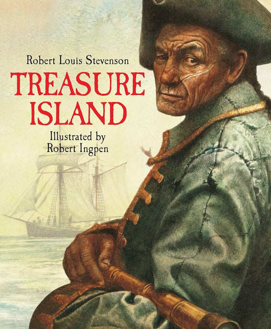 Book cover of 'Treasure Island' with a pirate illustration and ship in the background.