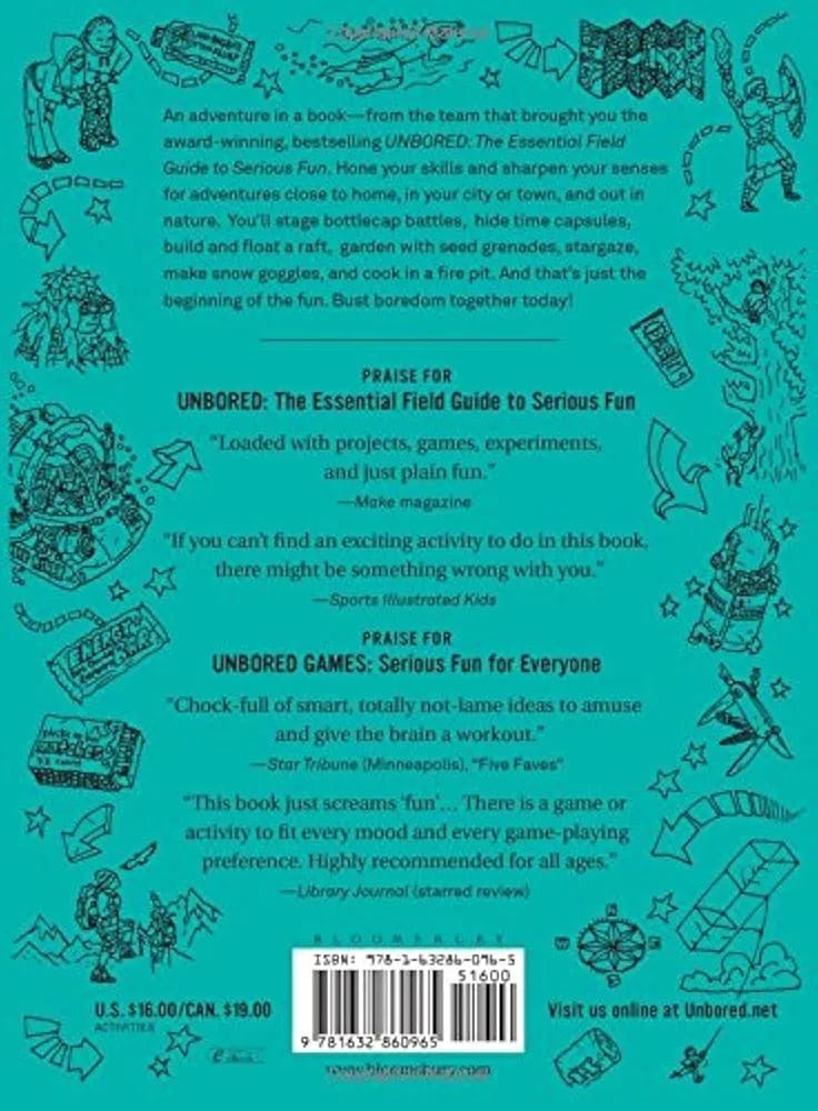 Back cover of a book with text and illustrations on a teal background