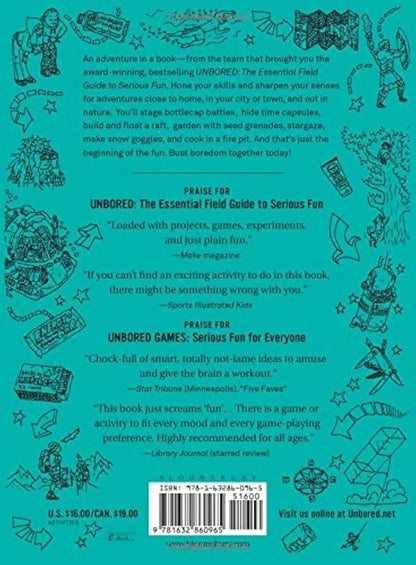Back cover of a book with text and illustrations on a teal background