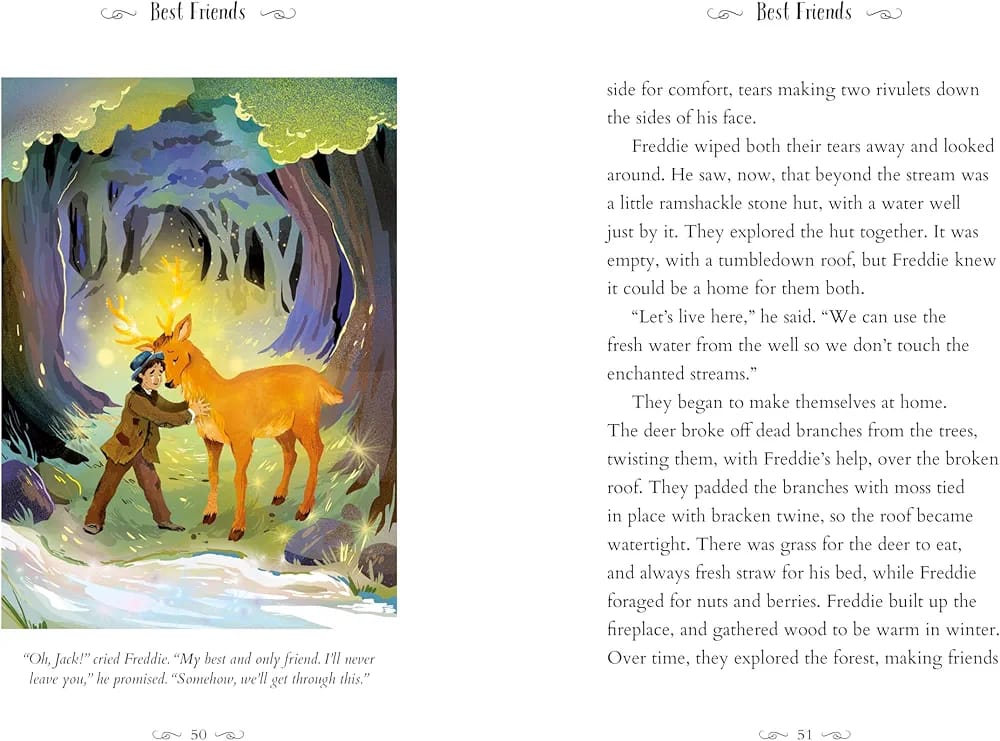 Illustrated book page with a boy and a deer in a forest setting.
