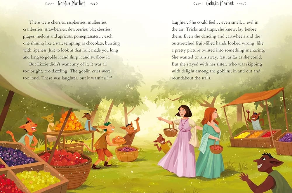 Illustrated book page with two women conversing in a market scene, surrounded by fruits and vegetables.