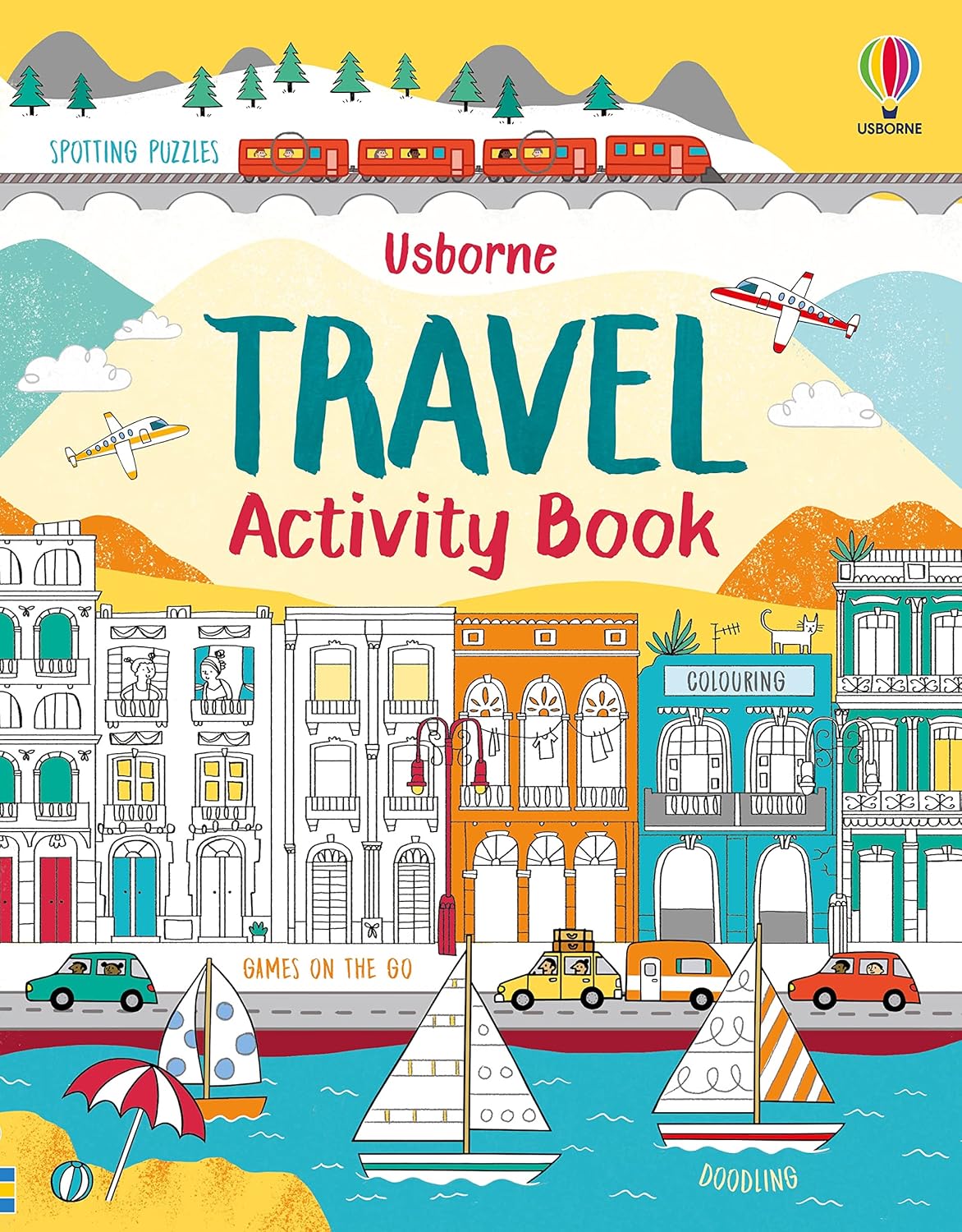 Usborne Travel Activity Book cover with colorful illustrations of a city, train, airplane, and sailboat.