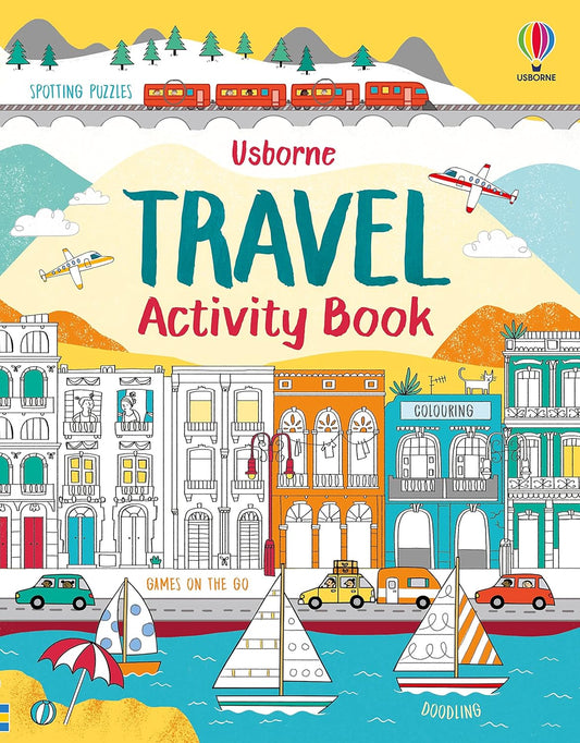 Usborne Travel Activity Book cover with colorful illustrations of a city, train, airplane, and sailboat.
