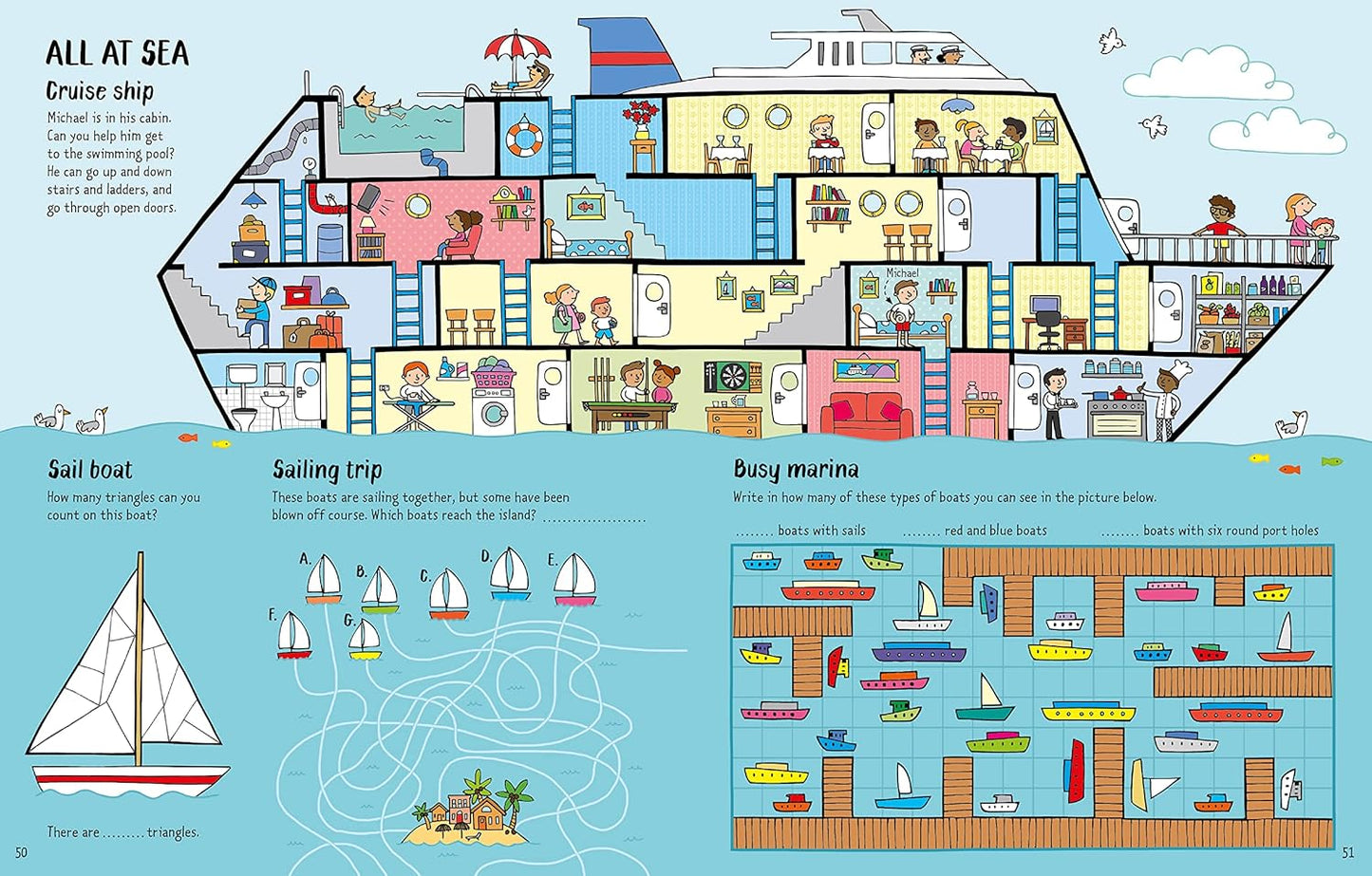 Illustration of a cruise ship with various activities and scenes on each deck, set against a blue ocean background.