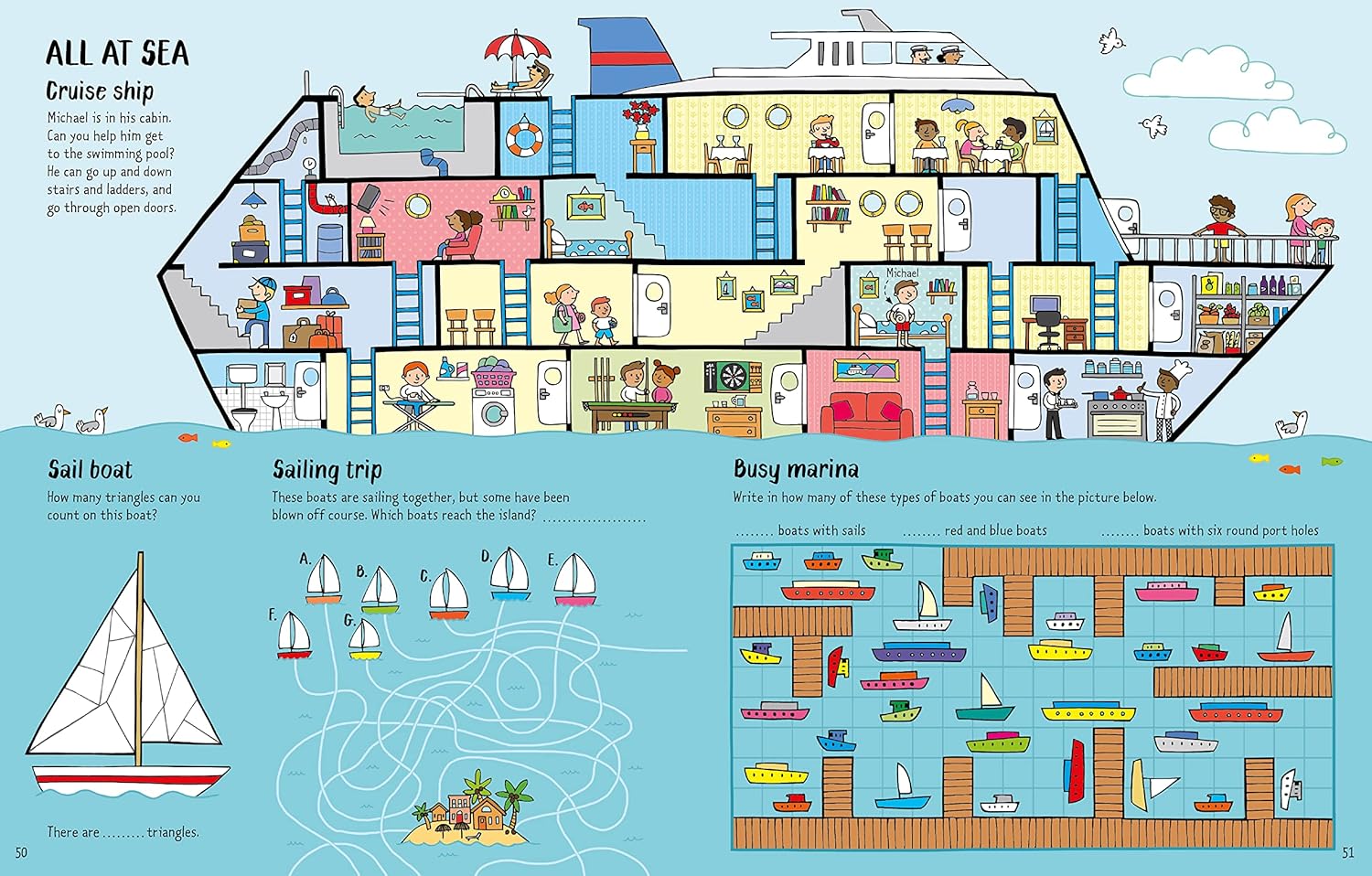 Illustration of a cruise ship with various activities and scenes on each deck, set against a blue ocean background.