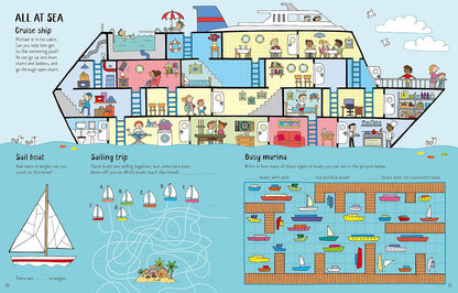 Illustration of a cruise ship with various activities and scenes on each deck, set against a blue ocean background.