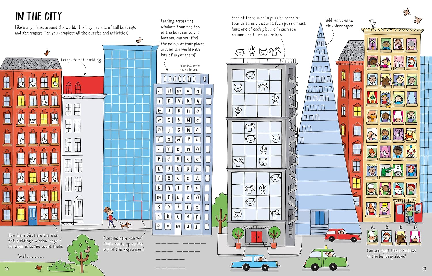 Illustration of city buildings with various activities and objects on the windows.