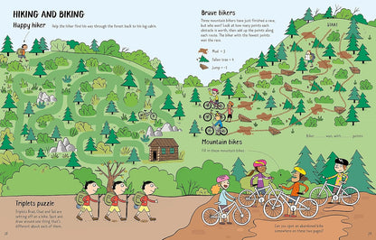 Illustrated map of a hiking and biking trail with characters and text