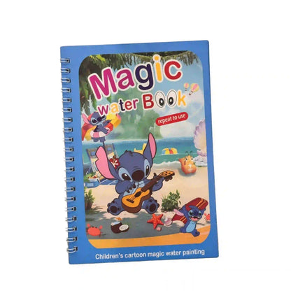 Children's cartoon magic water painting book with a blue cover featuring a character playing guitar on a beach.